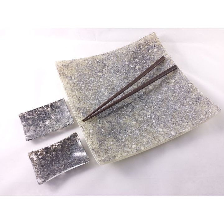 Fused glass sushi set with river rock finish and chopstick holders